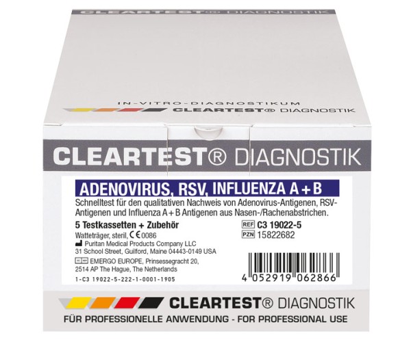 Cleartest Adenovirus/RSV/Influenza A+B Kombitest Verpackung
